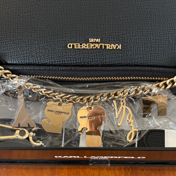 Karl Lagerfeld Black Textured Camera Cross Body Bag with Gold Tone Charms. NWT - Picture 13 of 14